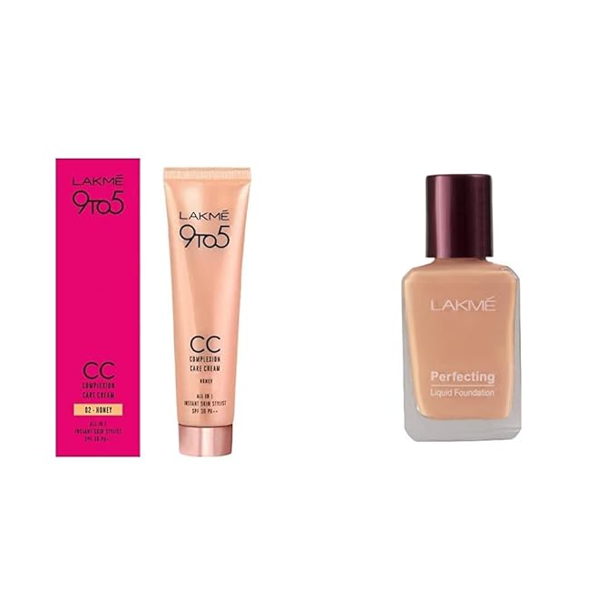 Lakmé 9 to 5 Complexion Care CC Cream, Honey, 30gms & Lakmé Perfecting Liquid Foundation, Marble, 27ml