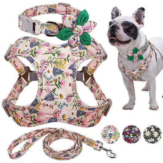 Nylon Flower Printed Dog Collar Harness Vest Leash Set
