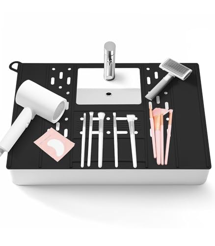 Onism Bathroom Sink Cover for Counter Space, Sink Topper Foldable Sink Cover with Storage Bag, Silicone Beauty Makeup Brush Cleaning Mat Perfect for Bathrooms, Travel, Black