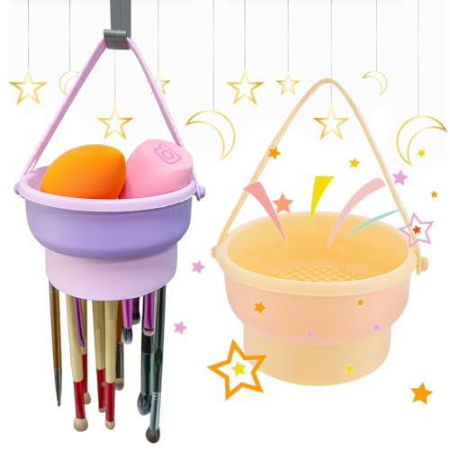 2 Pack Makeup Brush Cleaning Mat 3 In 1 Silicone Makeup Brush Cleaner Bowl with Brush Drying Holder Makeup Brush Scrubber for Storage Stand & Air Dry Brushes