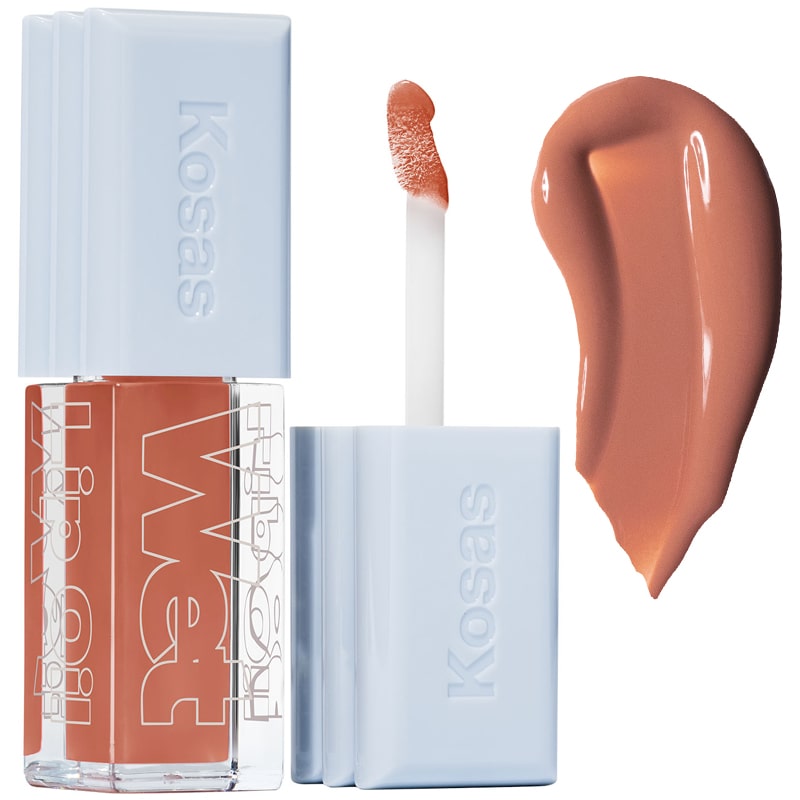 Kosas Cosmetics Wet Lip Oil Gloss - Bare (4.6 ml) showing spreading wand and product swatch