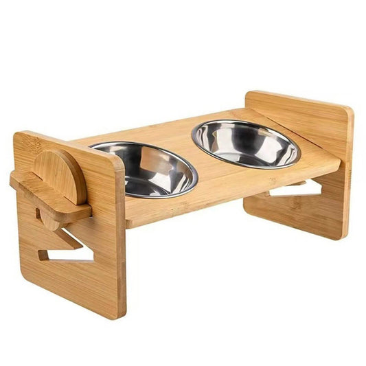5°Tilt Bamboo Double Elevated Dog Bowls with 4 Adjustable Heights