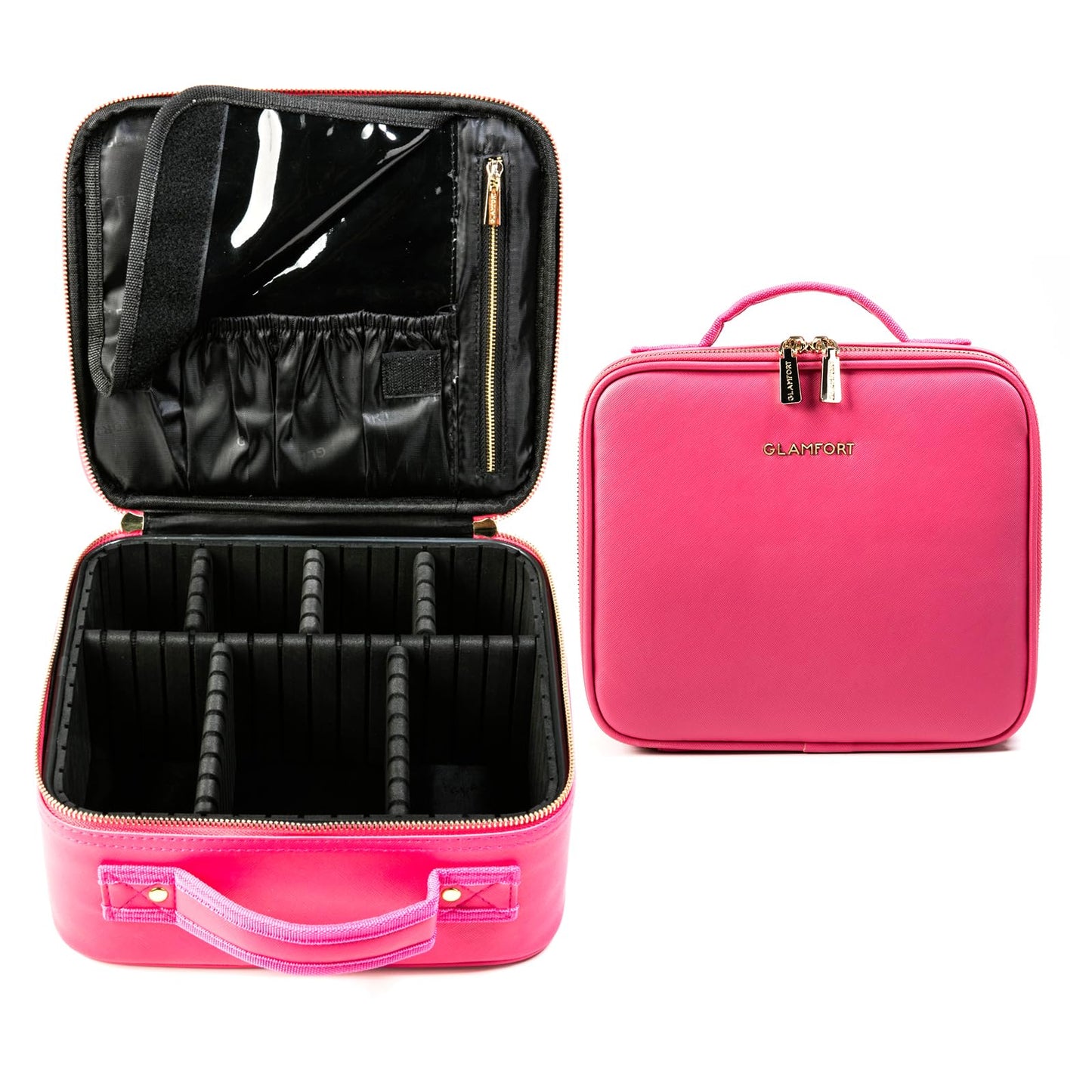 GLAMFORT Makeup Case, Large Capacity Makeup Bag Professional Train Case with Adjustable Dividers, PU Leather Portable Travel Cosmetic Organizer Box 10.2 inches, Pink