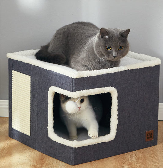 Cat Bed for Indoor Cats Cube House, Covered Cat Cave Beds & Furniture with Scratch Pad