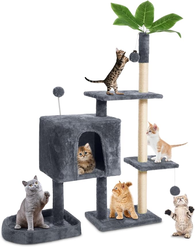 Cat Tree Cat Tower for Indoor Cats with Green Leaves, Multi-Level Cozy Plush Cat House